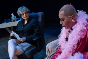 Dr. Eve Bolinger (Ruth Sternberg) tries to “de-homosexualize” Earl “Brother Boy” Ingram (Mark Phillips Schwamberger) in Evolution Theatre Company’s production of Sordid Lives (photo by Jerri Shafer)